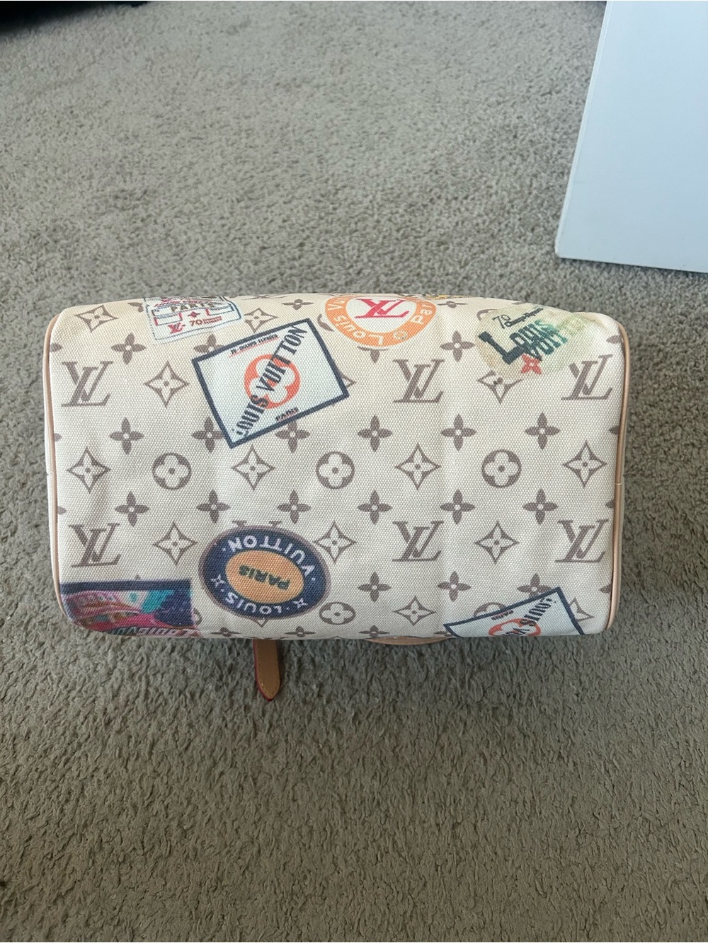 Beige Monogram Travel Patch Satchel with Blue Tag and Pink Straps - Picture 6 of 14